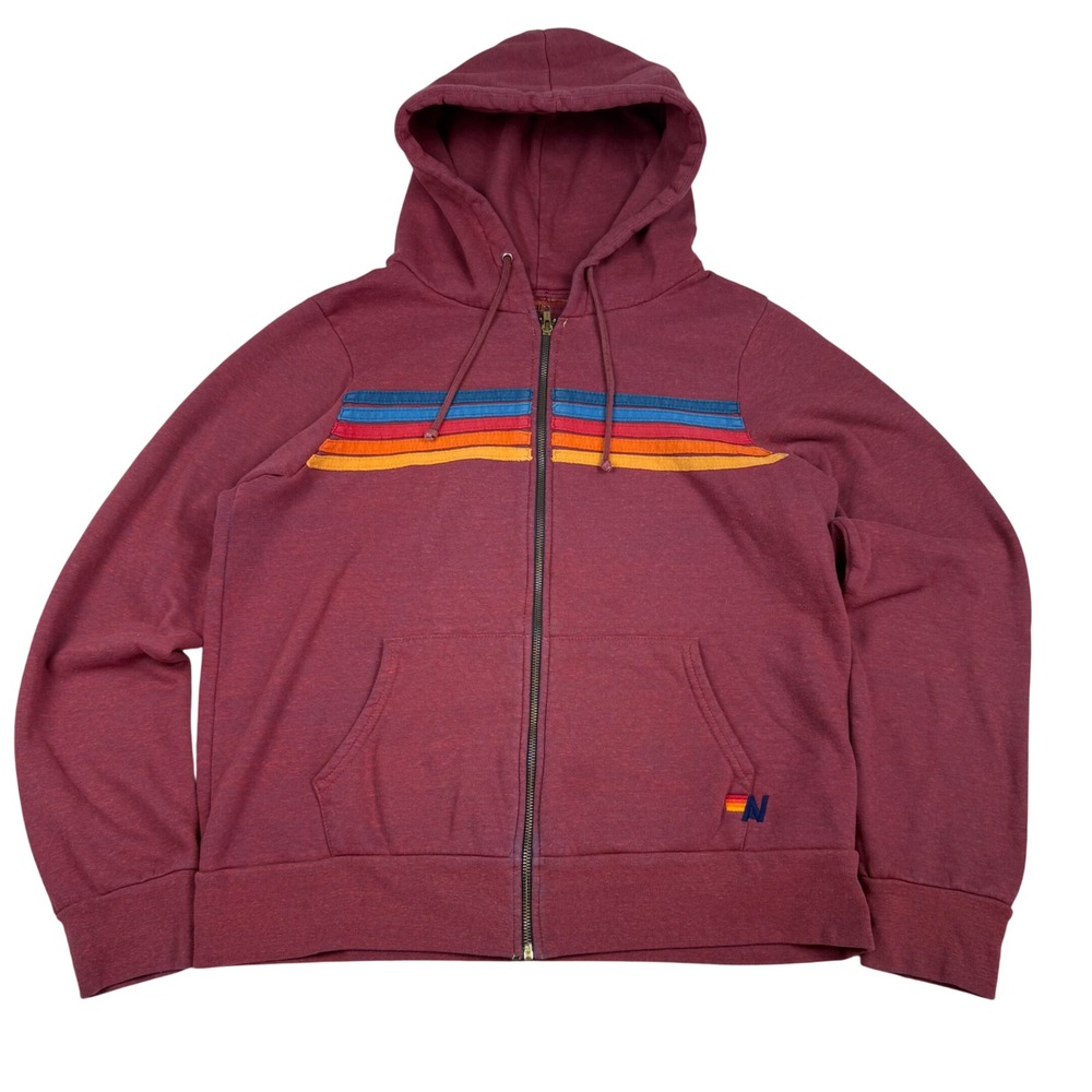 Aviator Nation Burgundy 5-Stripe Full Zip Hoodie XL Mens Retro Heather Maroon